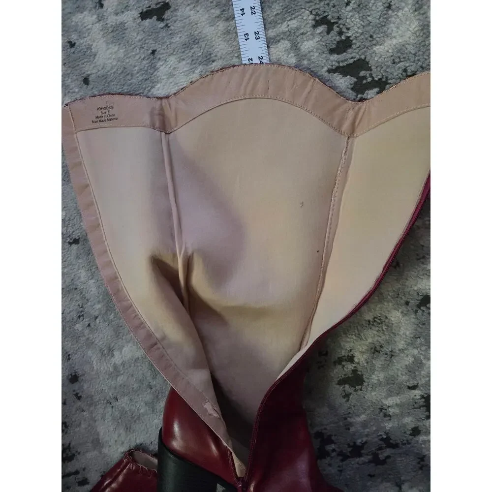 Red Burgundy Knee-High Patent Vegan Leather Boots Western Party Sexy Moto